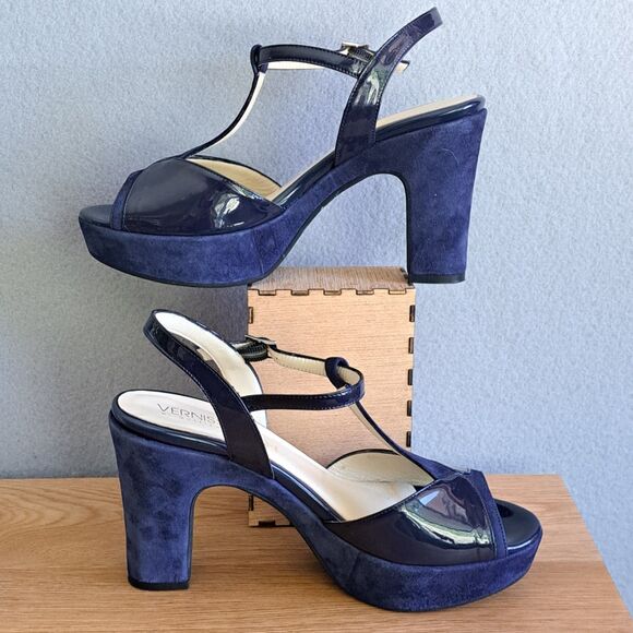 Vernissage Blue Suede Sandals Leather Slingback Heels Womens 9 US 39 EU T-Strap - Picture 5 of 14